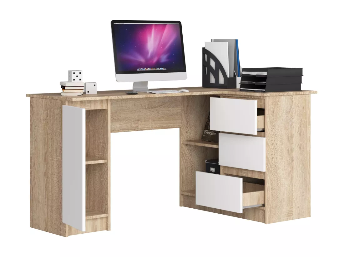 Grand bureau d'angle AKORD droit B20 Chêne Sonoma 155 cm 1 porte 3 tiroirs façade Blanche 4 étagères 155x85x77 cm