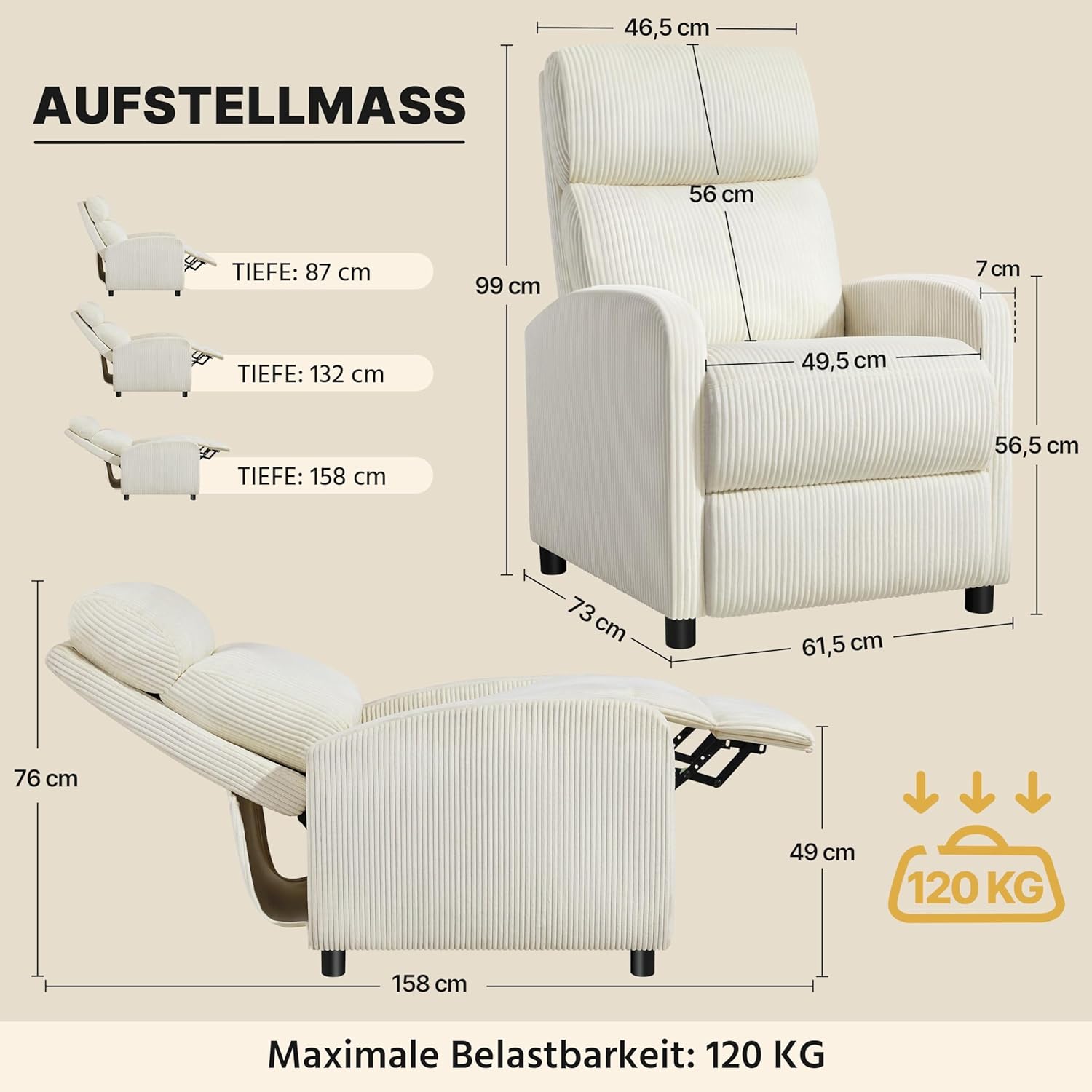 Yaheetech Relaxsessel Fernsehsessel Einzelsofa Ruhesessel mit Verstellbarer Beinablage Liegesessel aus Cordstoff Beige