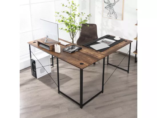 Bureau d'angle en L Réversible avec Support de Moniteur/Poste de Travail Industriel pour 2 Personnes avec 3 Trous de Câble- 150 x 150 x 74 CM, Marron Rustique