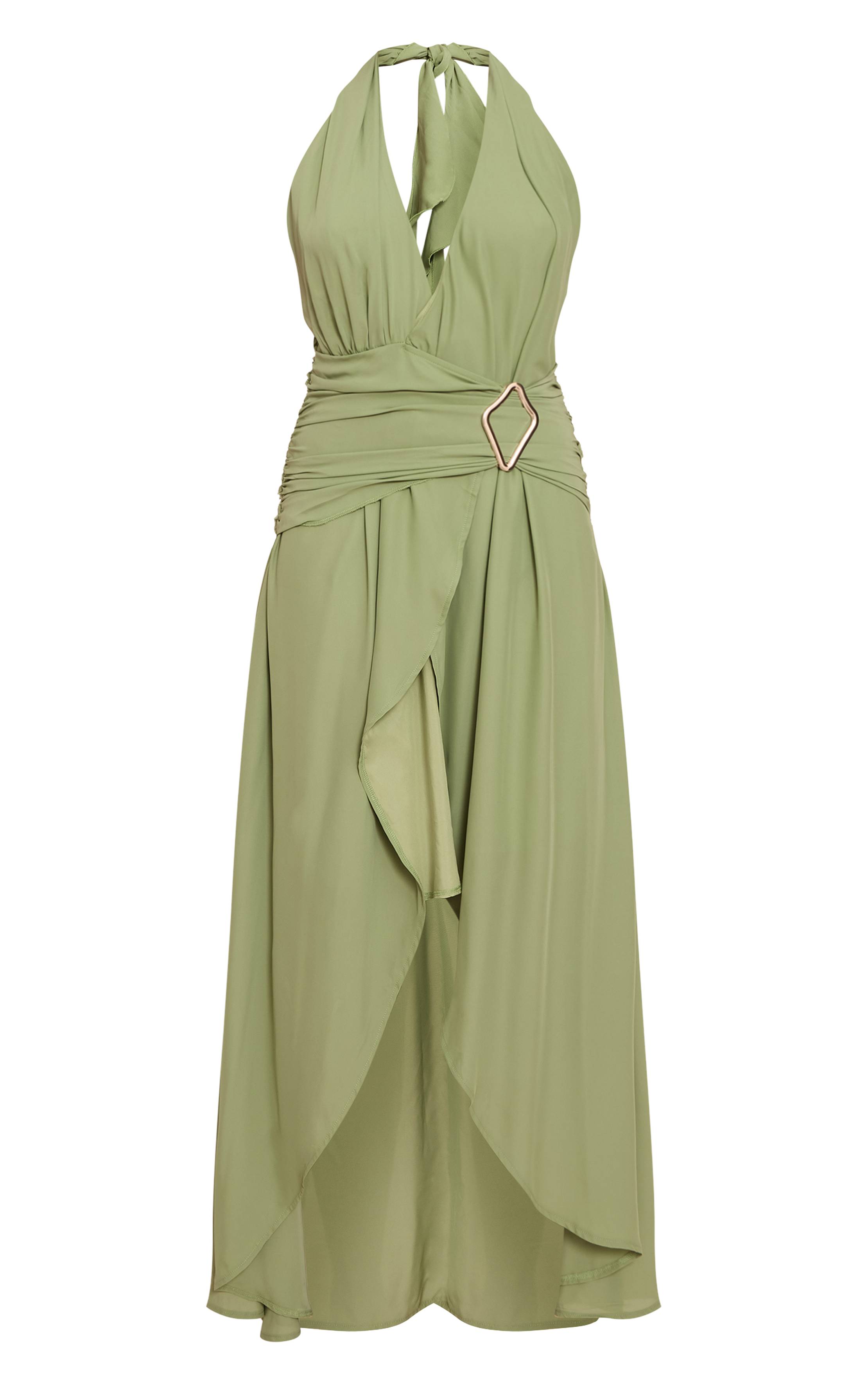 Vert Sauge Robe Longue En Mousseline À Décolleté Plongeant Avec Détails De Finition