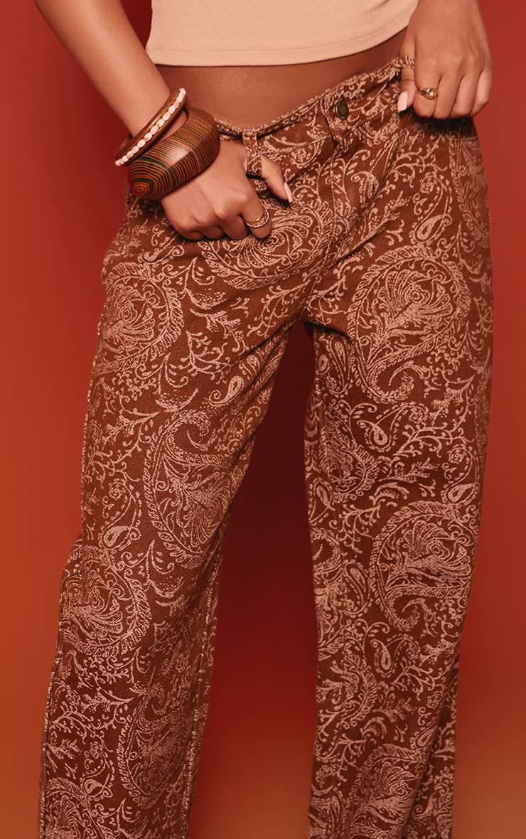 Marron Jean Denim Jambe Large Imprimé Paisley