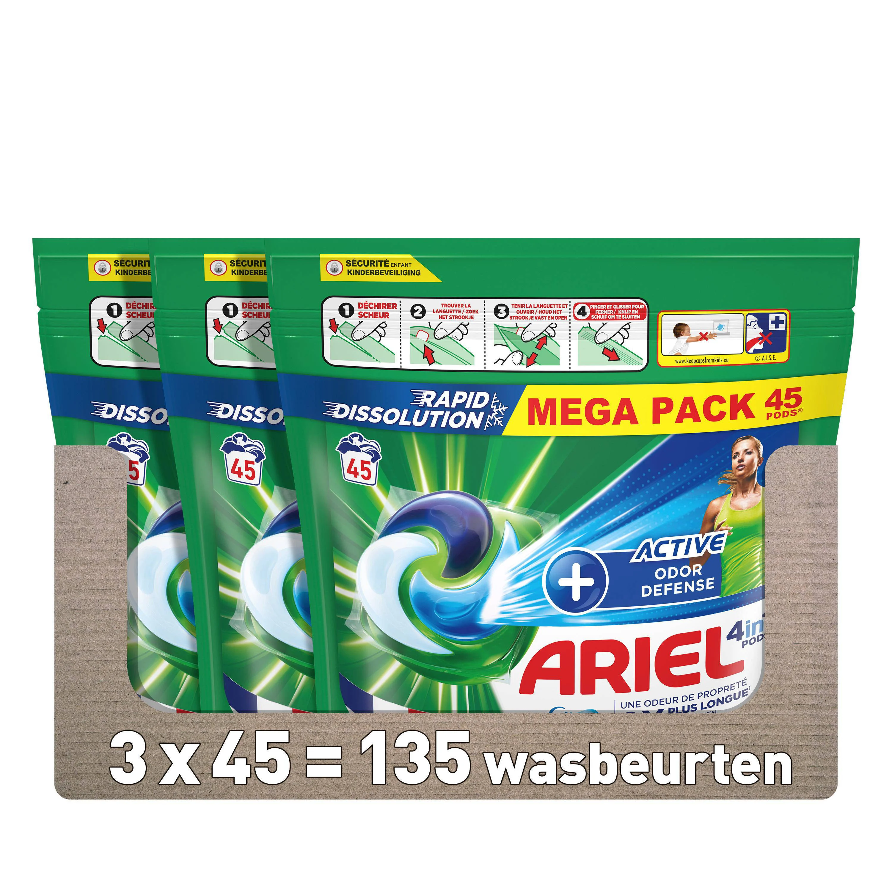 Ariel 4in1 PODS Wasgoed Capsules +Active Odor Defense - 3 x 45 wasbeurten - 135 wasbeurten