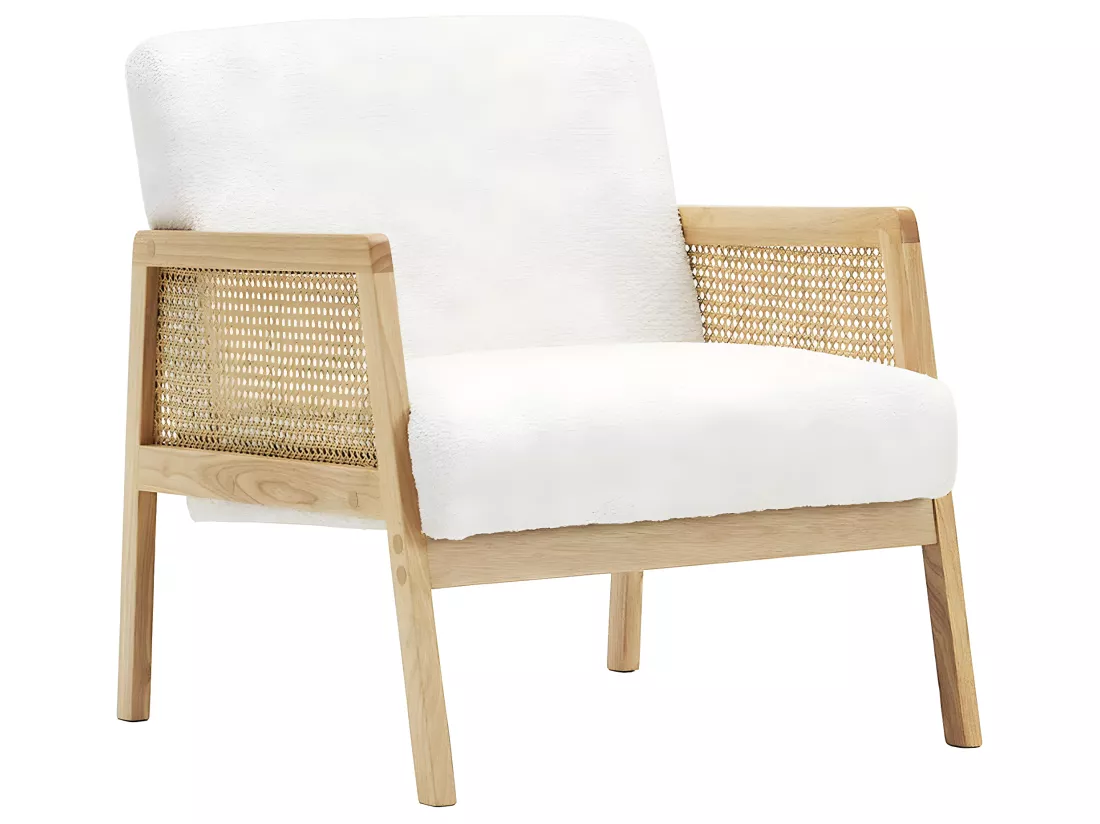 Fauteuil en cannage et tissu bouclé écru - Mani