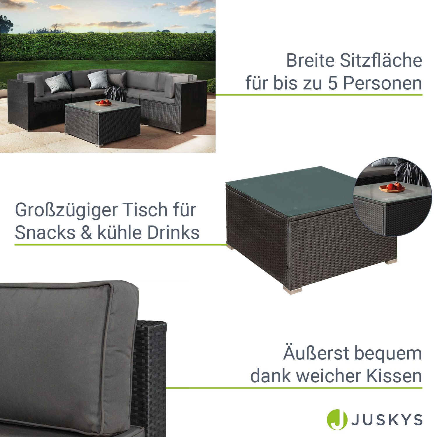 Juskys Polyrattan Lounge Nassau schwarz für 5 Personen mit Ecksofa & Tisch – Bezüge Dunkelgrau