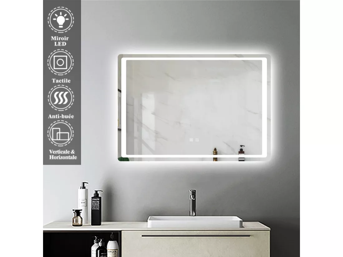 Miroir de Salle de Bain Anti-buée Miroir Lumineux LED à Double Contrôle 90 * 70cm Aica