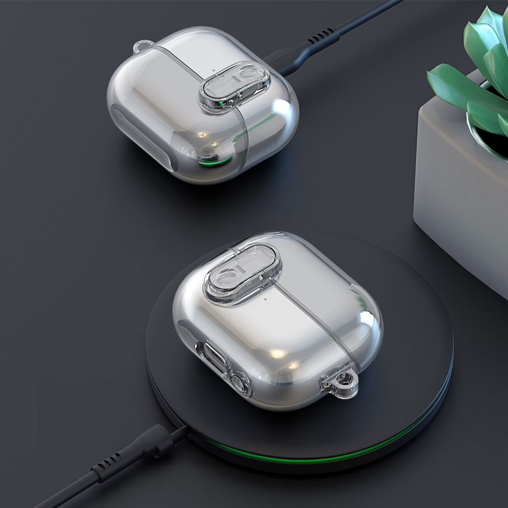 Samsung Galaxy Buds 3 / Buds 3 Pro Hybrid Hardcase Schutzhülle mit Verschluss   Karabinerhaken - Grau / Transparent
