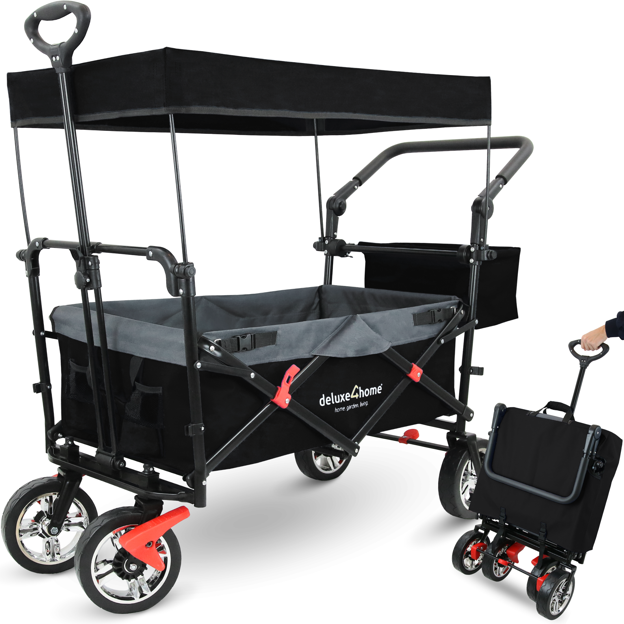 deluxe4home® Bollerwagen | Transportwagen faltbar mit Dach | Schwarz/Grau