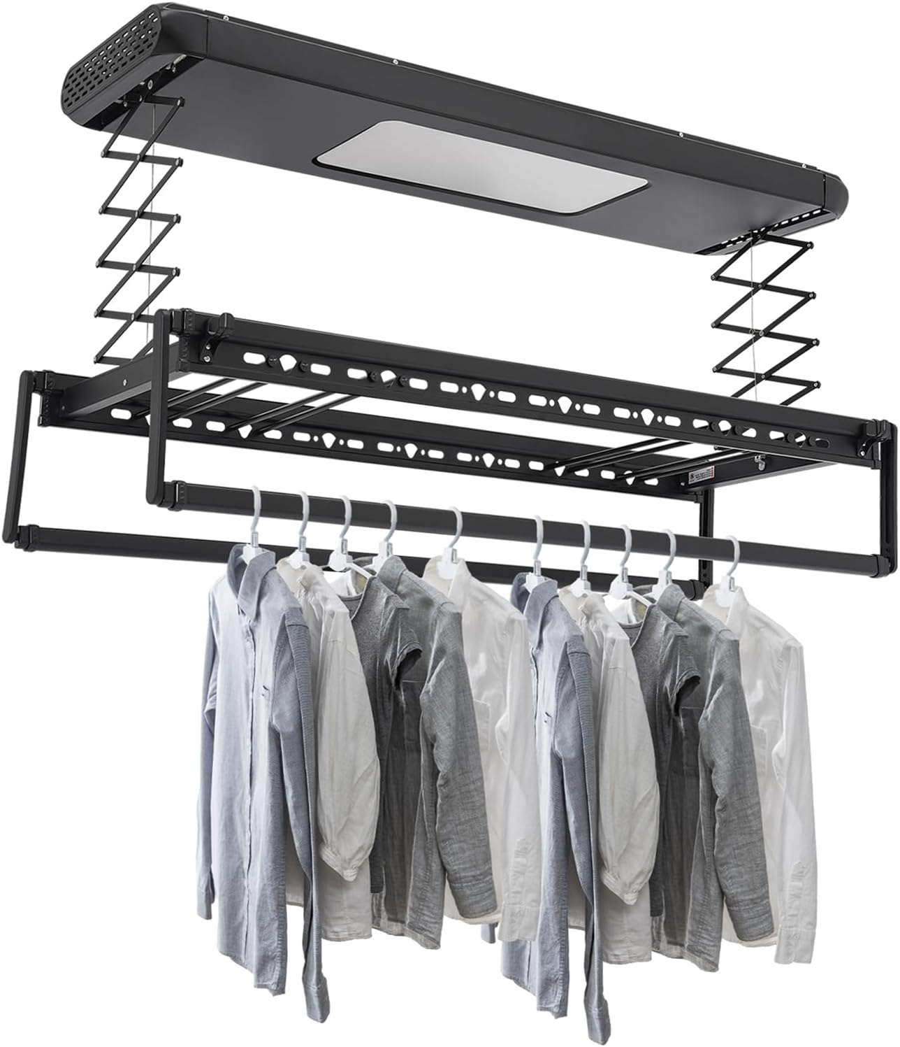 Elektrischer Wäscheständer Deckenmontage, Hebender Wäascheständer Decke mit Fernbedienung + LED-Beleuchtung, Kleiderstange 130-215 cm Einstellbare, 20m Fernbedienung (Schwarz)