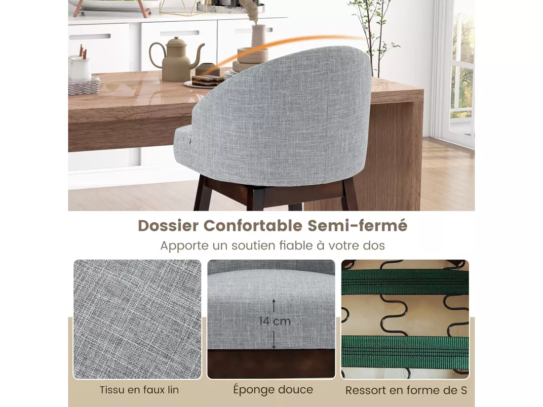 Chaise de bar pivotante Tabouret de bar lot de 2,rembourré en éponge, pieds en bois,repose-pieds gris