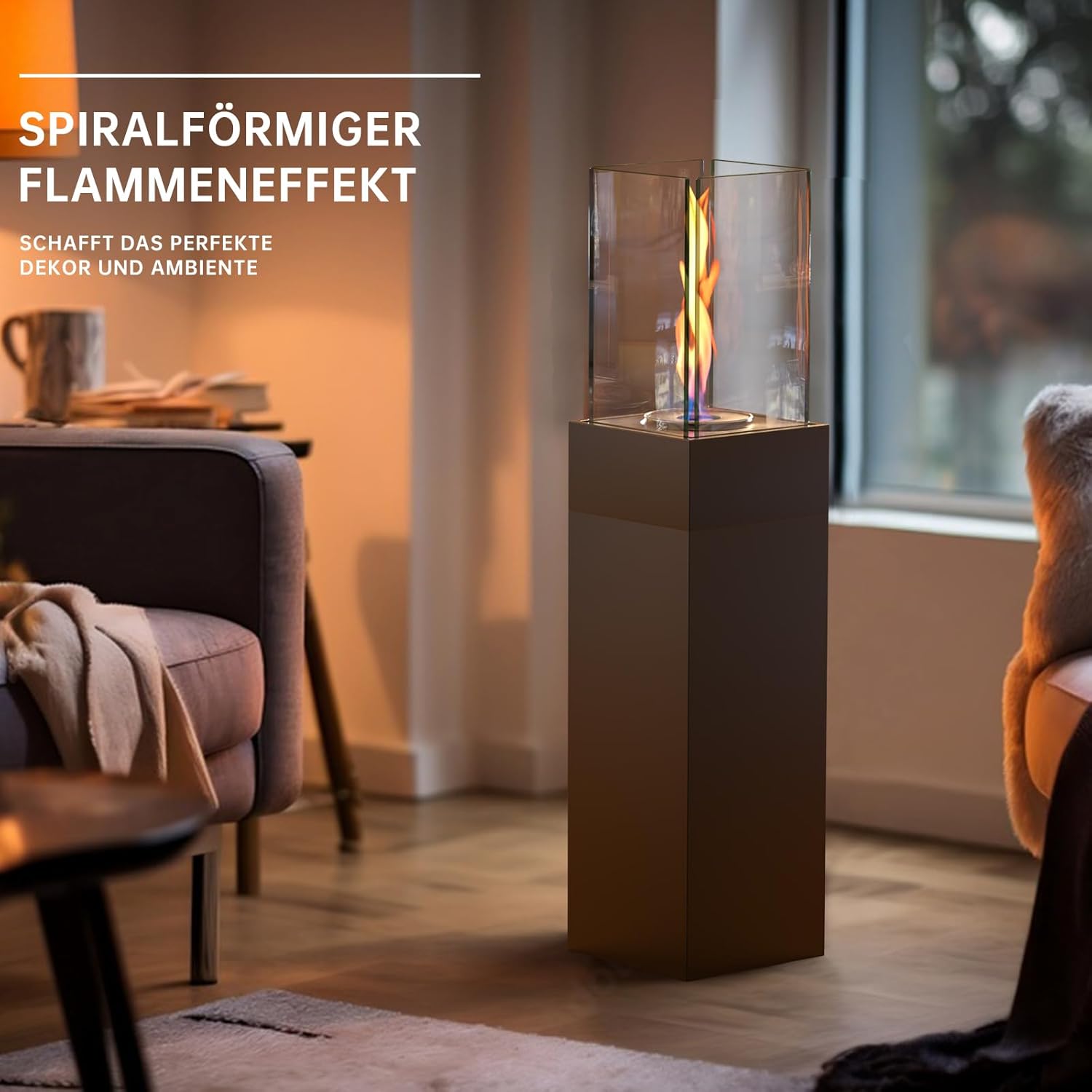 4-in-1 Windlicht Säule Hoch 89 cmTerressenfeuer fur Indoor und Outdoor,Deko Laterne mit Deko-Steine,Tischfeuer Windlicht StandKamin und pflanzkübel bodenvase groß All in One (Schwarz)