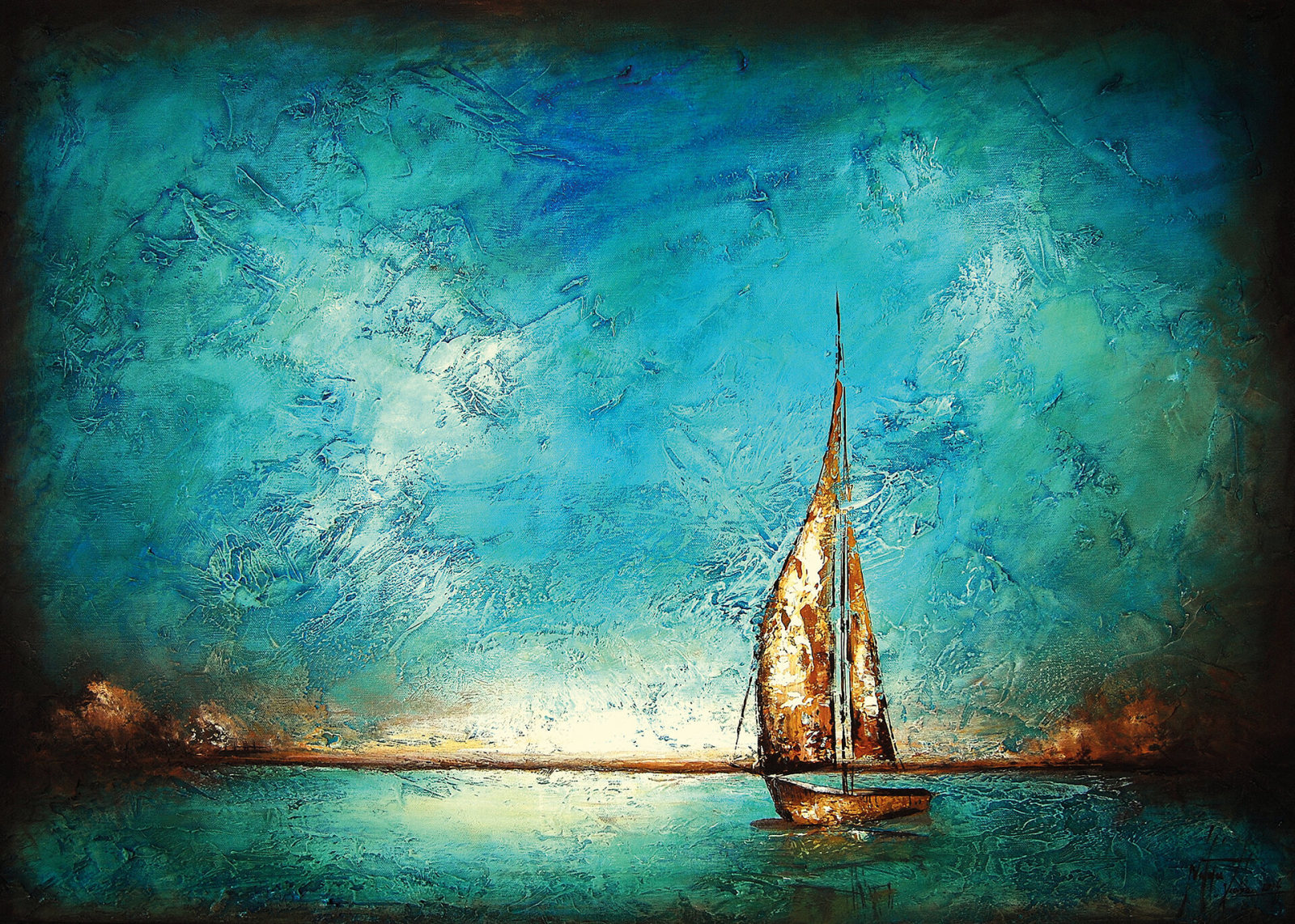 Leinwandbild EINSAMES BOOT - türkis - 70x50 cm