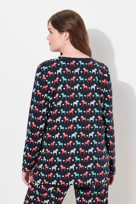 Pyjama-Shirt, Pferde, V-Ausschnitt, Langarm, Biobaumwolle