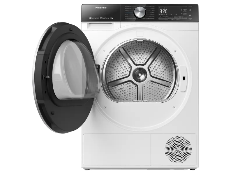Hisense Tørretumbler - DH5S102BW BK070, Fritstående, Front-læsning, Varmepumpe, Hvid, Knapper, Dreje, Berøring, Venstre/højre