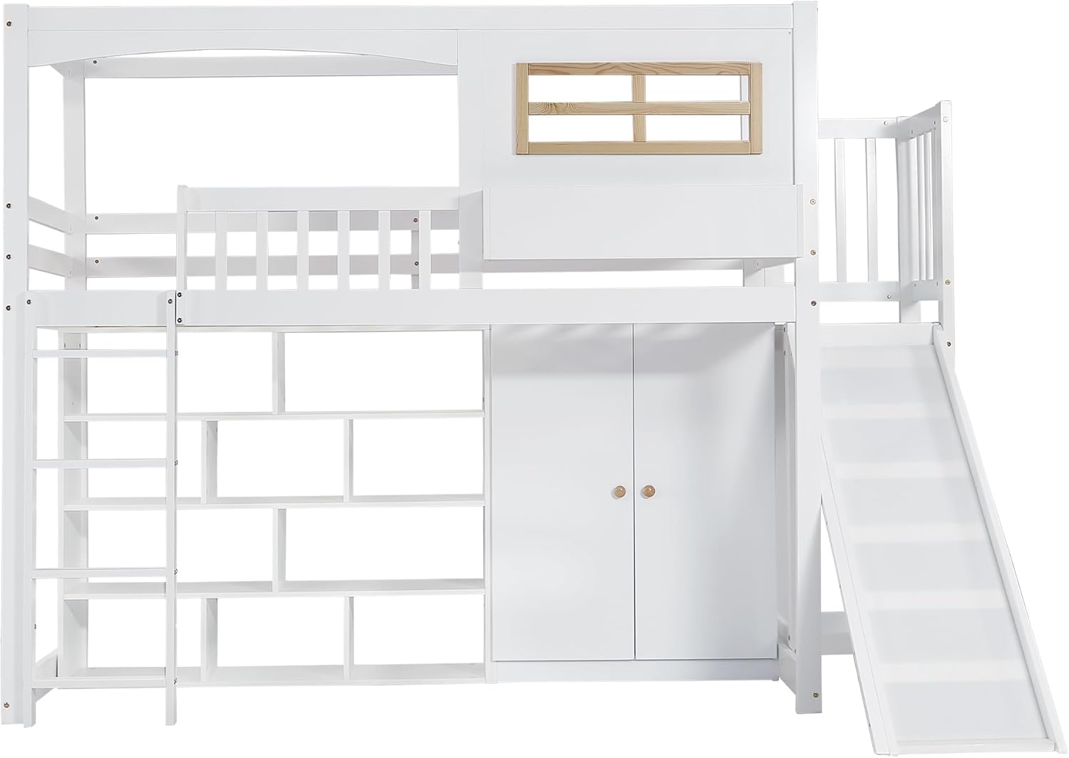 Merax Etagenbett 90x200cm, Kinderbett Hochbett mit Rutsche & Kleiderschrank & Regale, Platzsparendes Stockbett Hausbett mit Lattenrost & Rausfallschutz, Praktisches Jugendbett, Ohne Matratze, Weiß