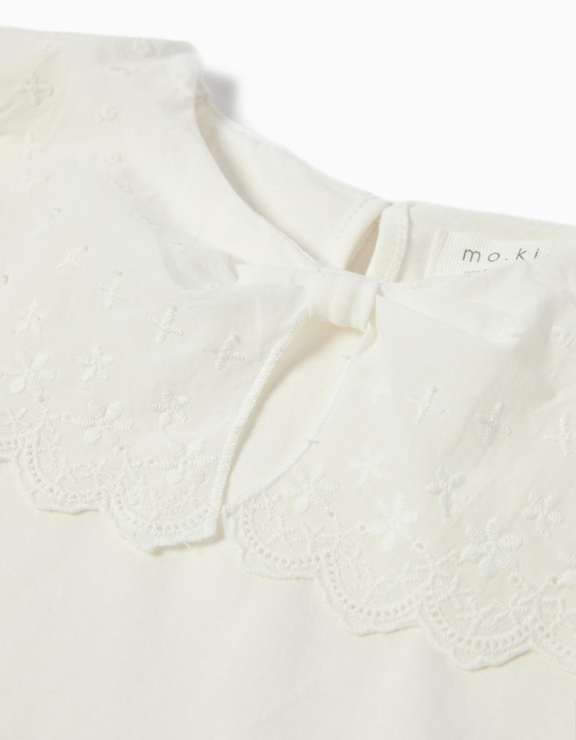 T-shirt com Gola em Bordado Inglês, Menina, Branco
