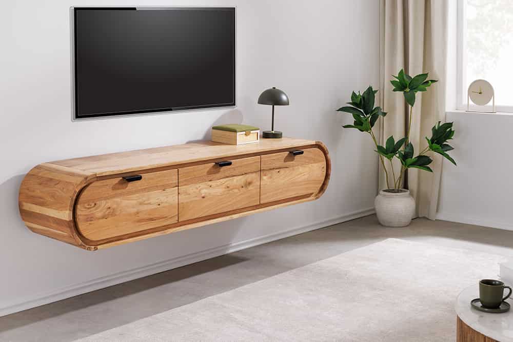 Hängendes TV-Board ORGANIC 160cm natur Akazienholz massiv handmade mit Schubladen