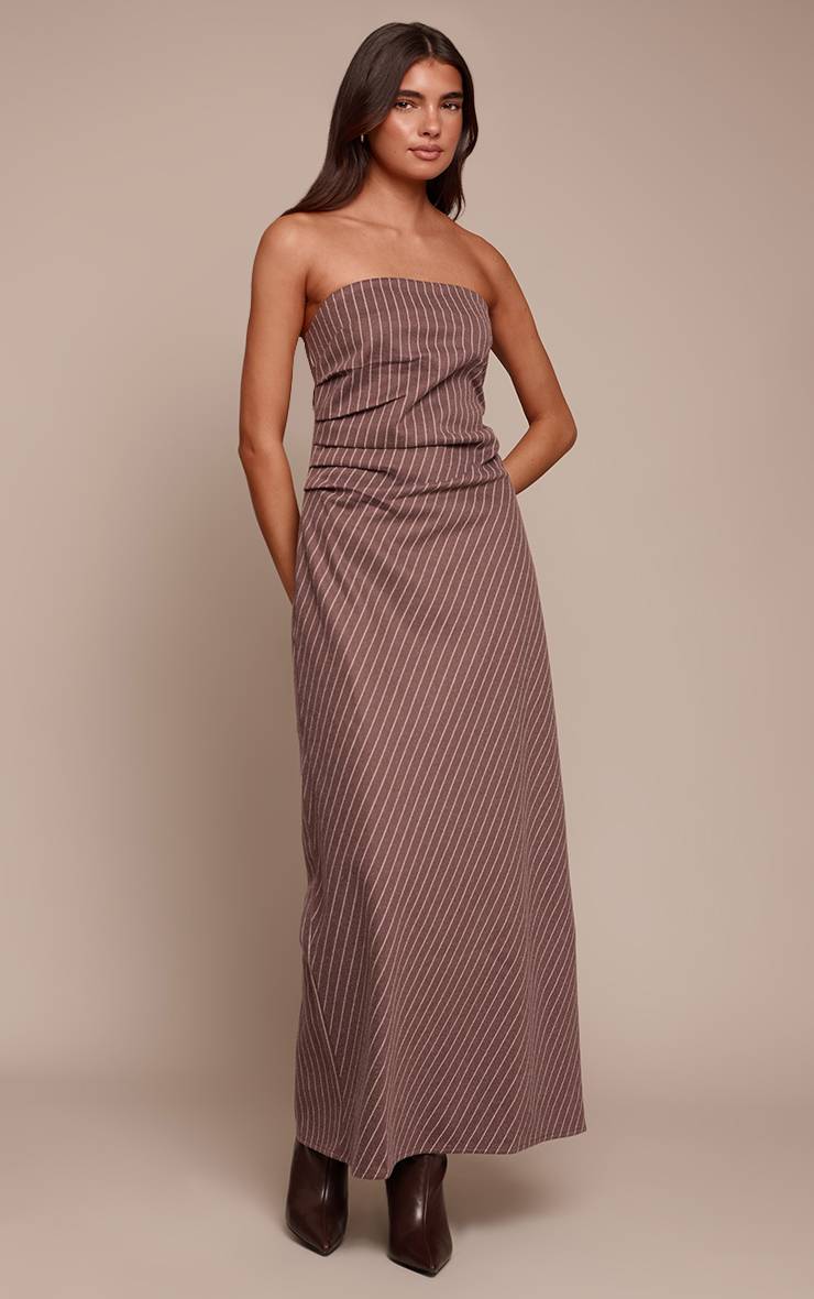 Chocolat Robe Longue Bustier À Rayures Fines Brossées