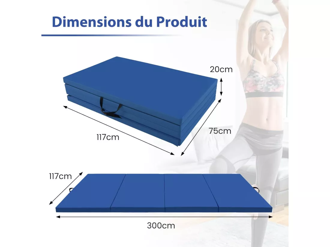 Tapis de Gymnastique Pliable à 4 Plis Epais, Matelas d'Entrainement en Mousse et PU avec Poignées Attaches Auto-agrippantes, pour Gymnastes Entraînements Yoga 300x117x5CM, Bleu