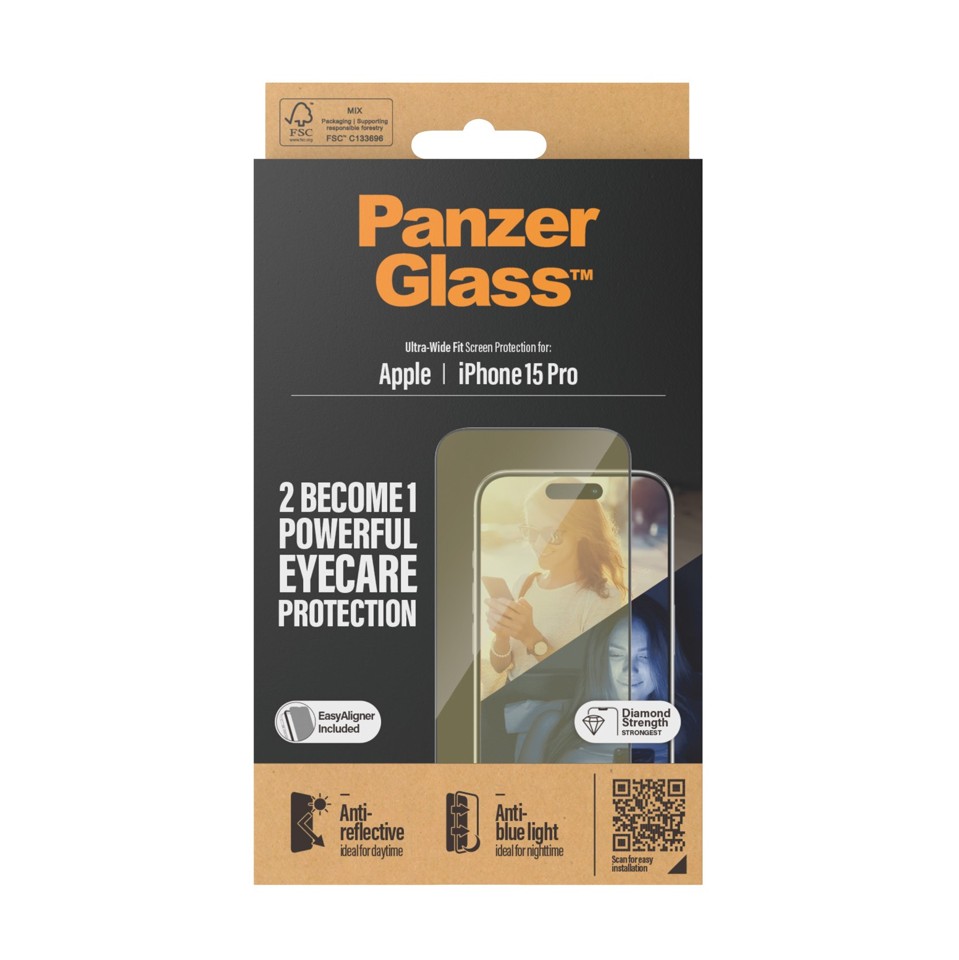 PanzerGlass - Eyecare Skærmbeskyttelse iPhone 15 Pro - Ultra-Wide Fit m. EasyAligner