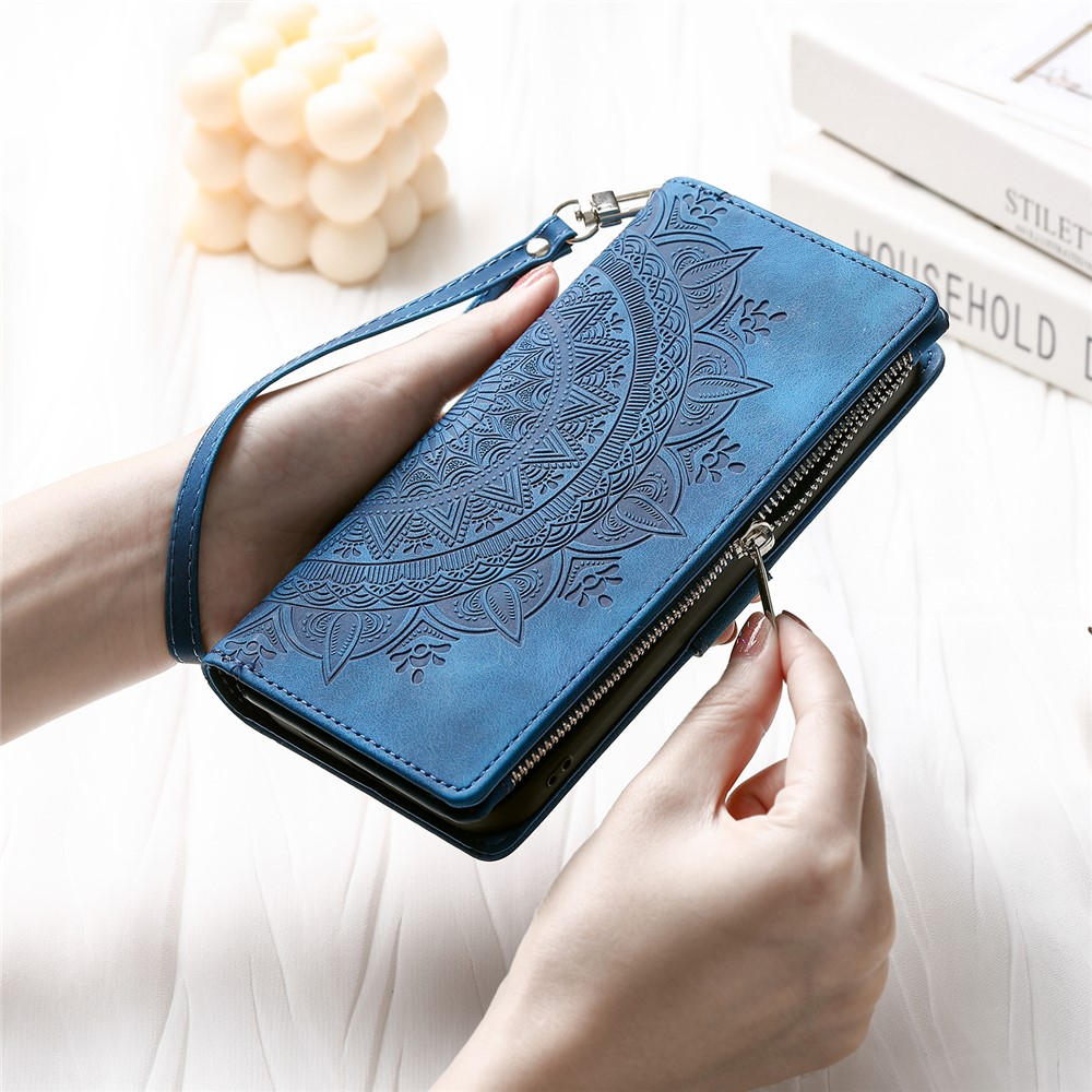 Samsung Galaxy S25 FE Leder Tasche Flip Cover mit Reissverschluss - Mandala Flowers Imprint - Blau