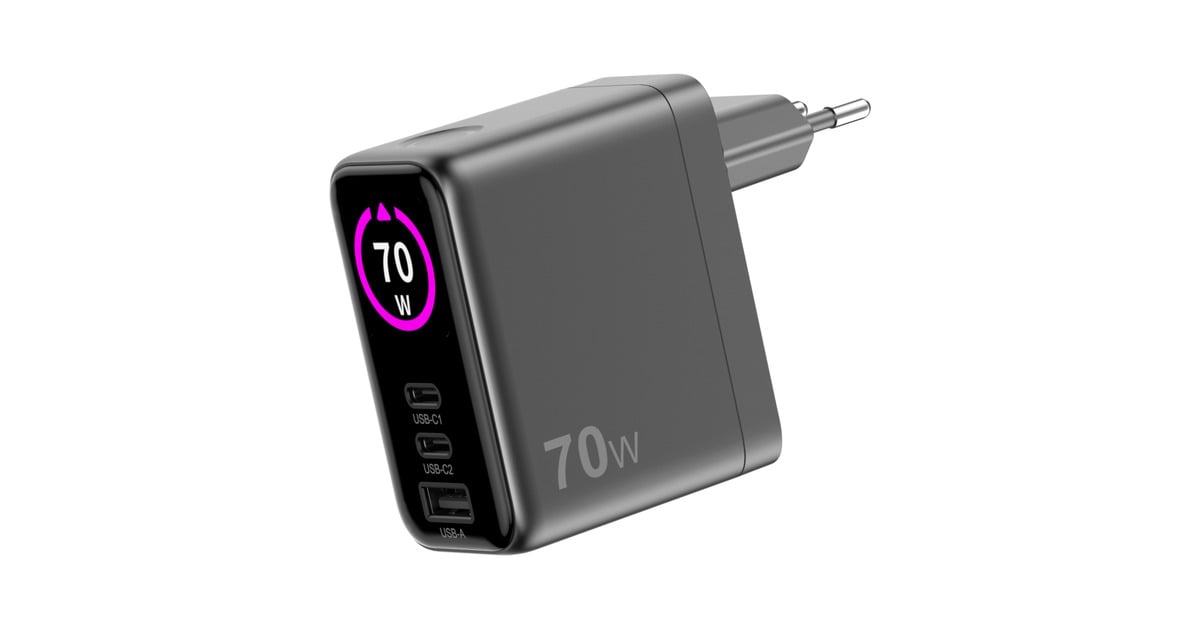Sitecom70W GaN Power Delivery Wall Charger with full color LED display oplader  (Zwart)