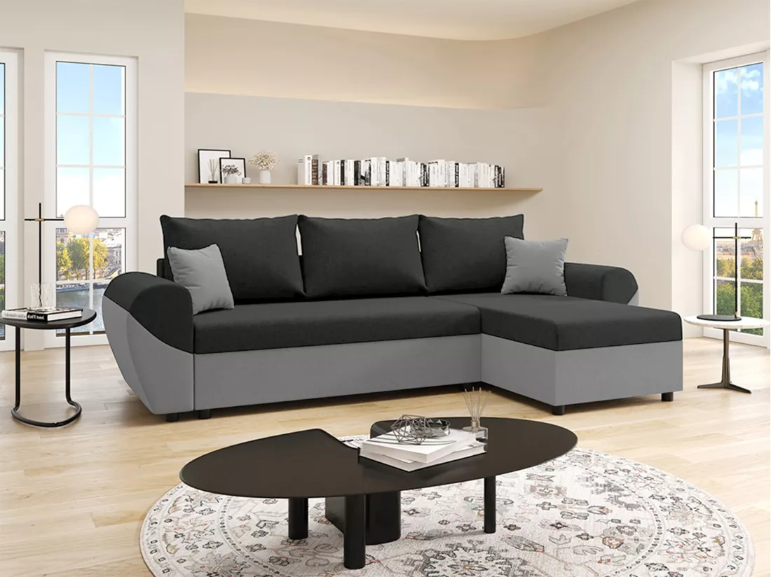 Canapé d'angle convertible et réversible en tissu noir et gris LIERNO