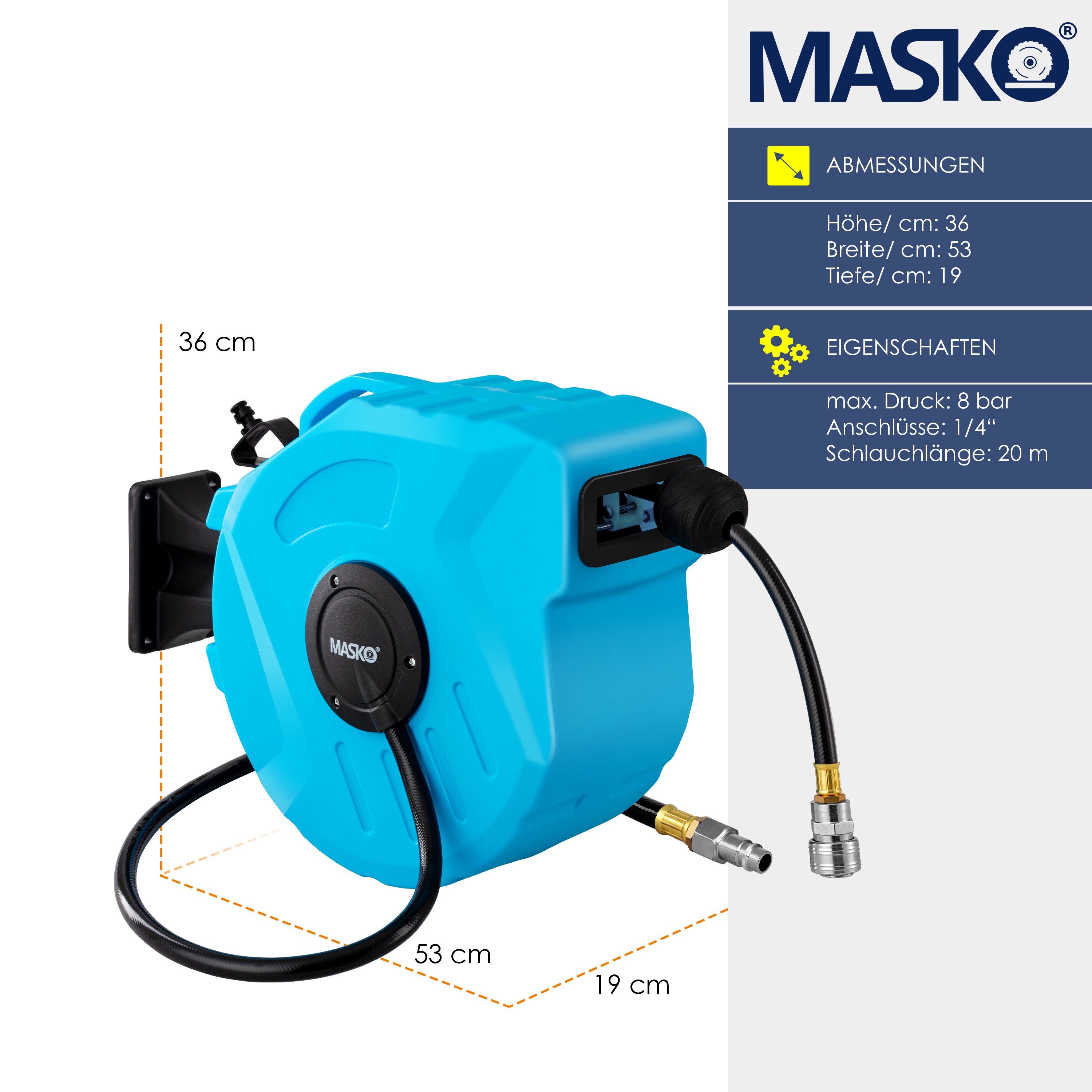 MASKO® Druckluftschlauch Aufroller automatisch 1/4 Anschluss - Schlauchtrommel Wandschlauchhalter Schlauchaufroller Druckluftschlauch-Aufroller Druckluftschlauch-trommel