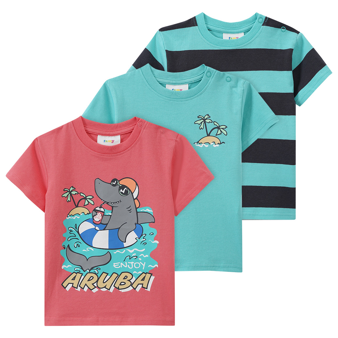 Famy 3 Baby T-Shirts in verschiedenen Dessins hellrot / helltürkis / dunkelgrau