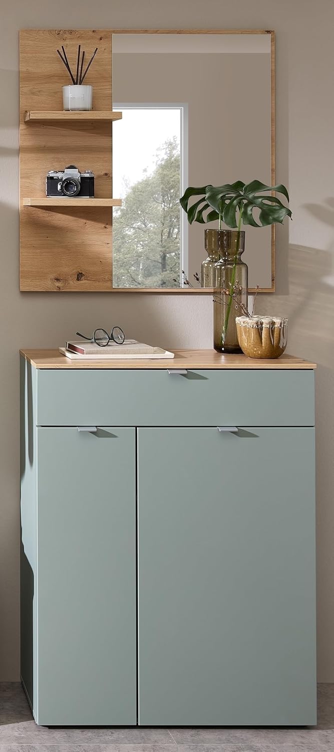 möbelando Garderoben-Set >Bari< (2-teilig) Schuschrank 78x103x38cm mit 3 Böden und Schublade, Spiegel 78x80x17cm mit 2 Böden, Schilfgrün supermatt/Artisan Eiche Dekor - 78x190x38cm (BxHxT)