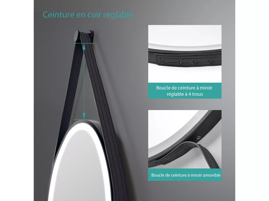 EMKE Miroir lumineux salle de bain rond diamètre 70cm cadre noir, Sangle réglable, Miroir LED avec Interrupteur Tactile, Lumière Froide/Chaude/Neutre