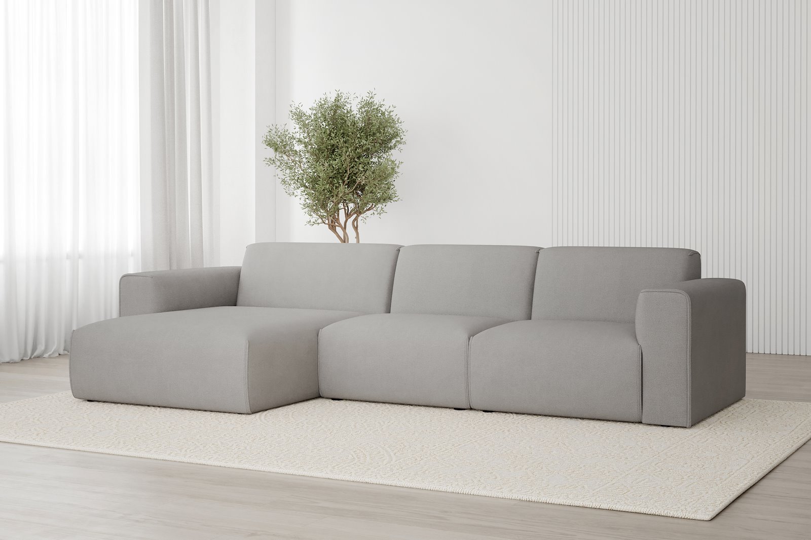 Monaco 2,5-seter med XL sjeselong venstre Tekstil Brego 7 Light Grey med sorte ben. Std komfort.