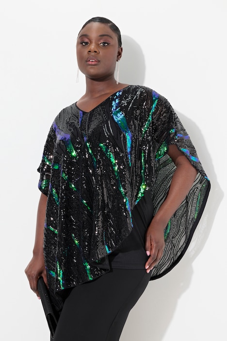 Bluse, oversized, Pailletten, Chiffon, doppellagig