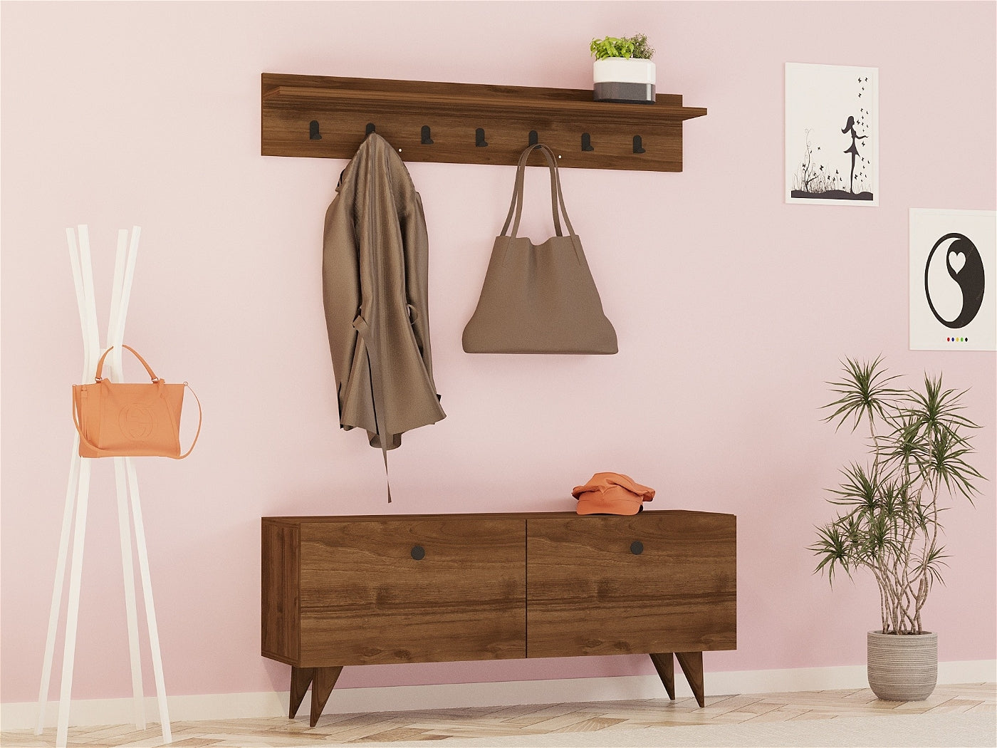 Giga Meubel - Schoenenkast + Kapstok Walnoot - 113x35x48,5cm - Rupa
