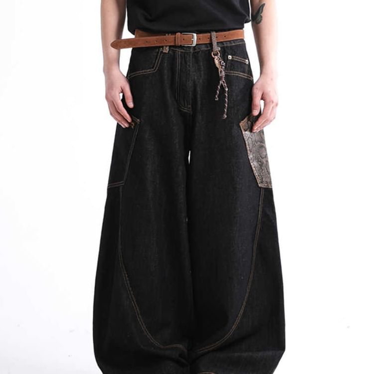 Adotuiastic - Mid Rise Snakeskin Print Patchwork Wijde Pijpen Jeans