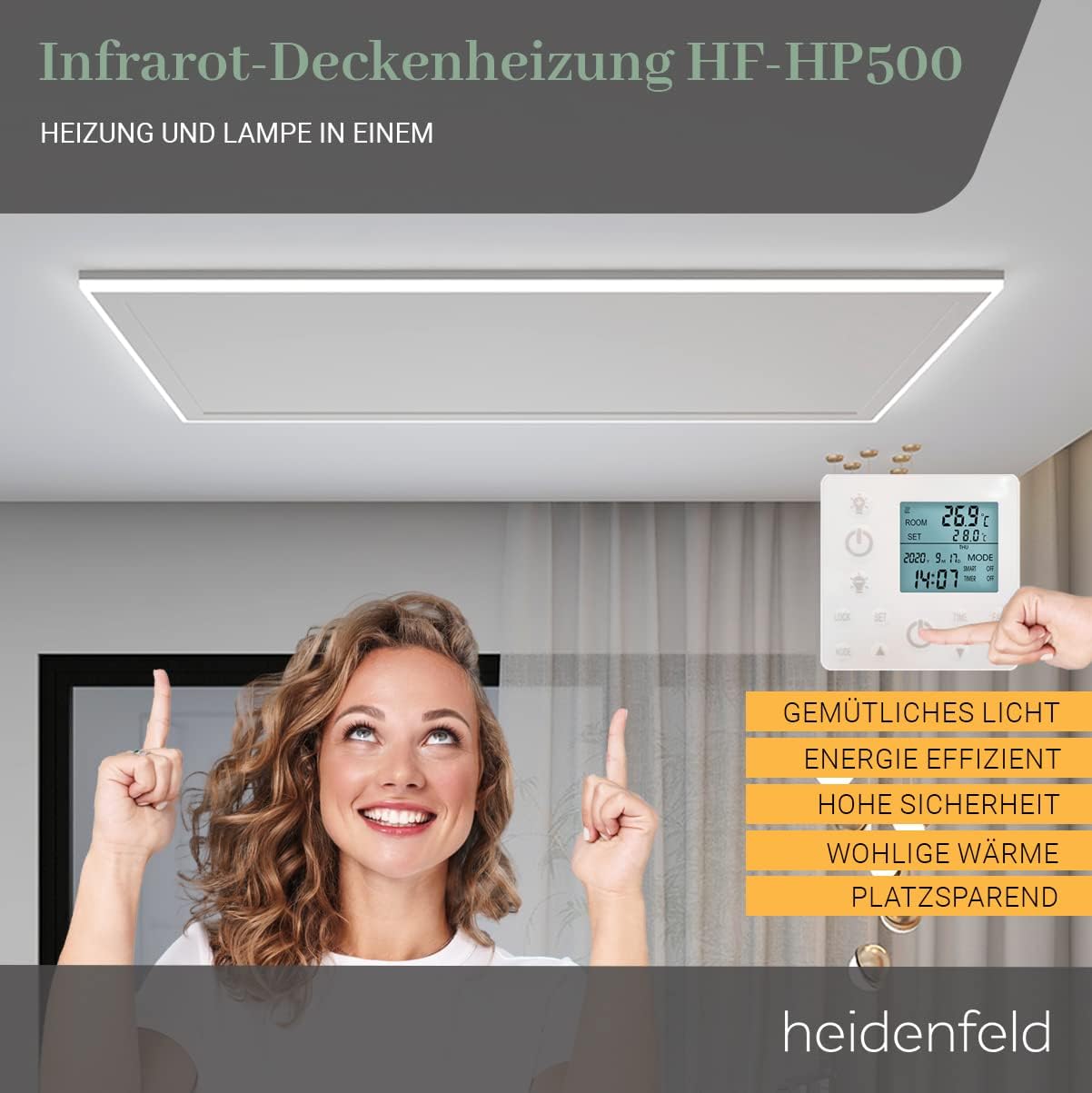 Heidenfeld Infrarotheizung HF-HP500 mit Licht |    - LED Rahmen - Infrarot Deckenheizung mit Thermostat - Deutsche Qualitätsmarke - Fernbedienung (800 Watt Wechselbar)