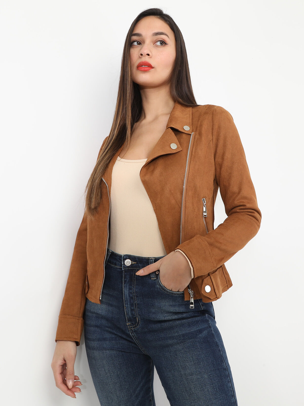 Blouson biker zippé en suédine- Camel foncé