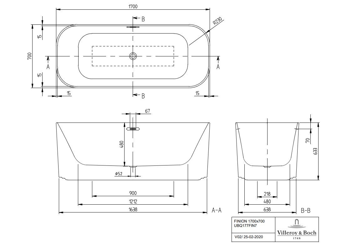 Villeroy & Boch FInion vrijstaand ligbad 170x70cm wit mat met design ring en verlichting