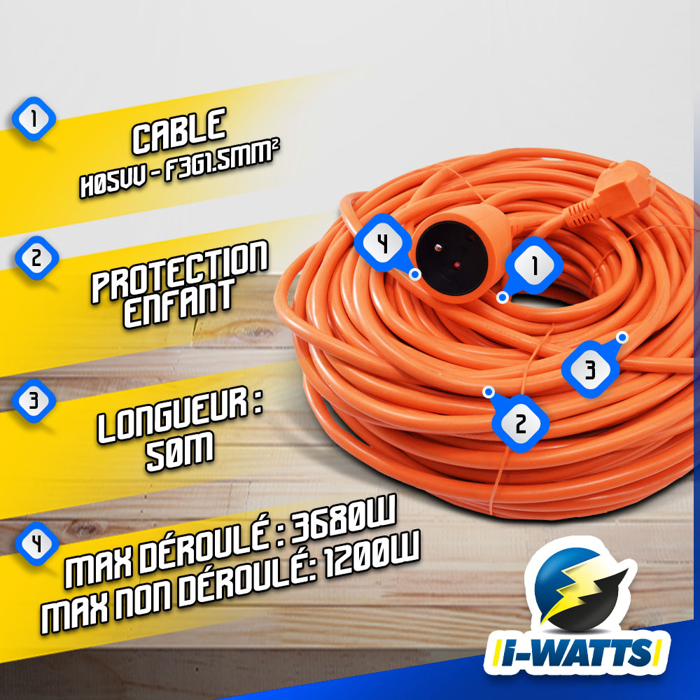 Allonge électrique 50m-3g*1.5mm2 orange - i-watts