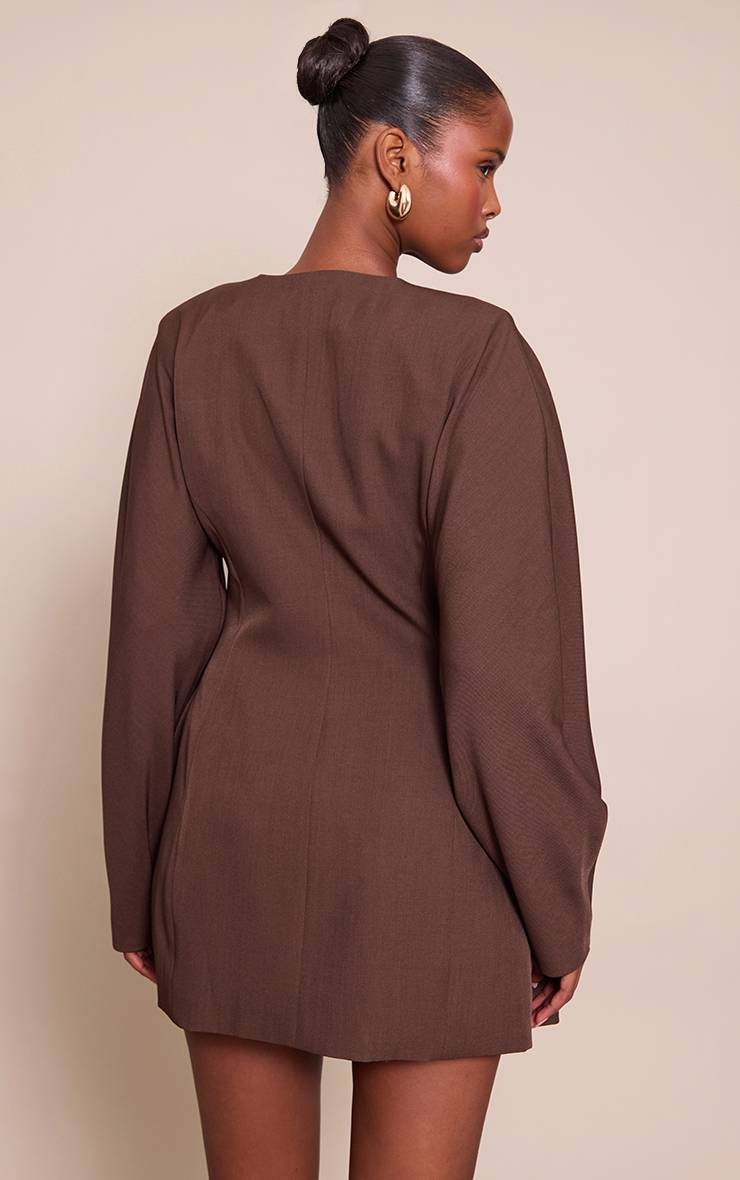 Chocolat Robe Blazer Sans Col En Tissu Tissé À Manches Ballon