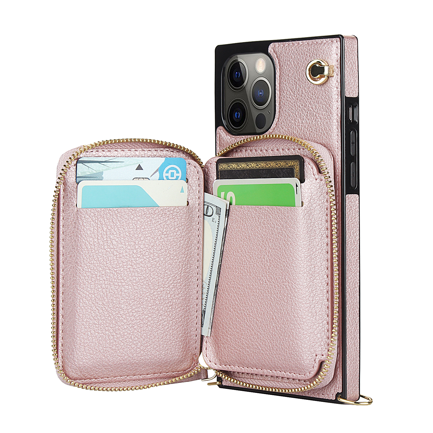 iPhone 16 Pro Necklace Leder Schutz Hülle mit Kartenfächer   Handykette (140cm) - Roségold