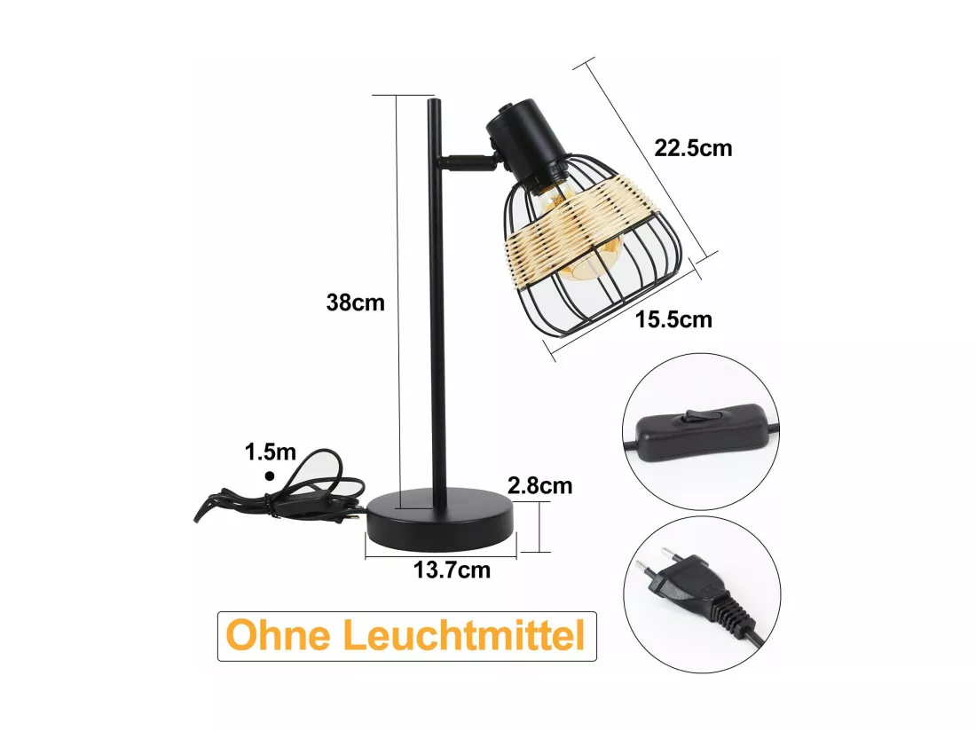 NETTLIFE Lampe de table Vintage Salon Noir - E27Bambou Pivotant Abat-jour avec interrupteur Max.40W - Sans ampoule