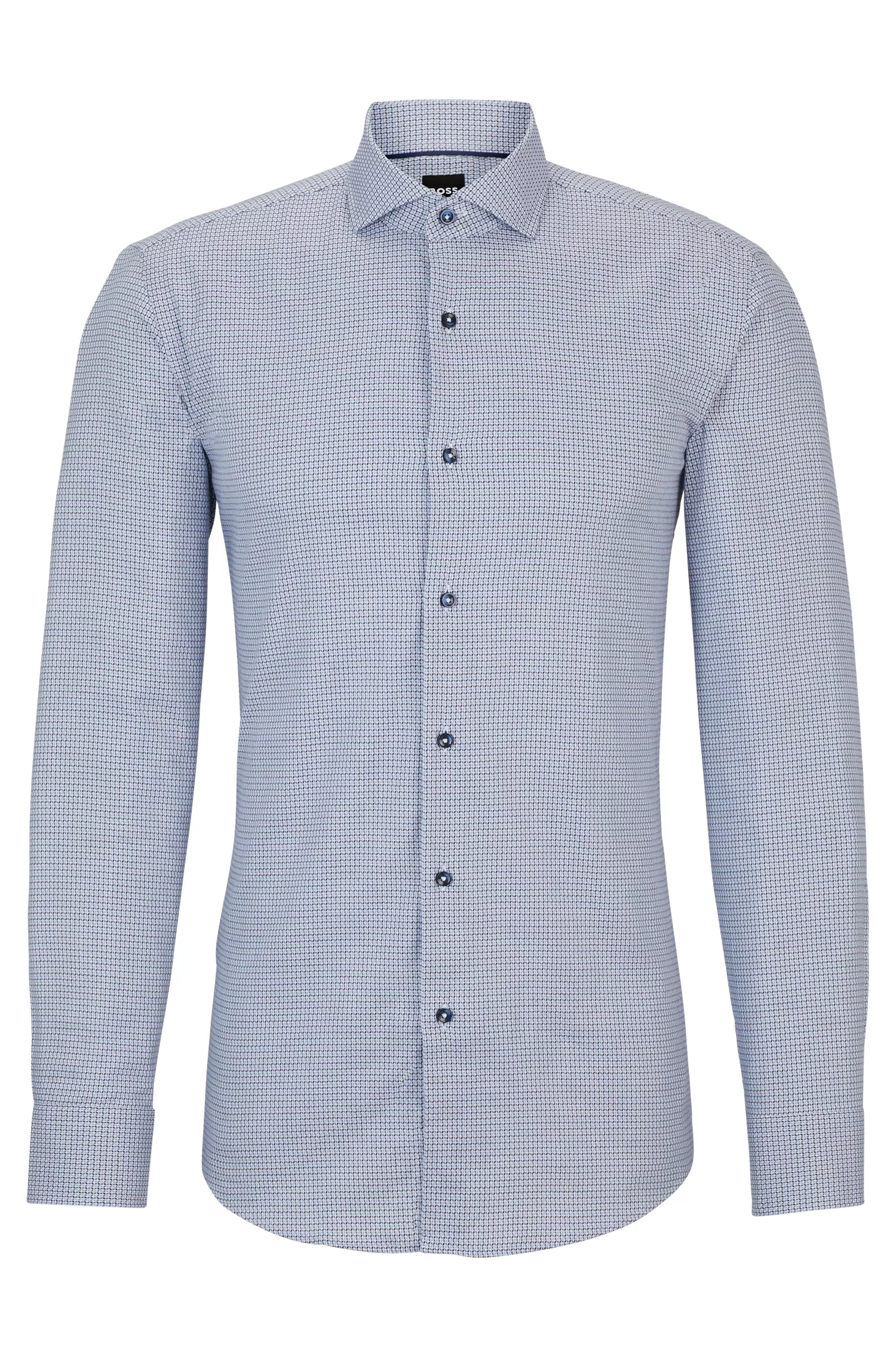 Camisa BOSS preta de corte slim, em algodão estruturado com elastano, fácil de passar.