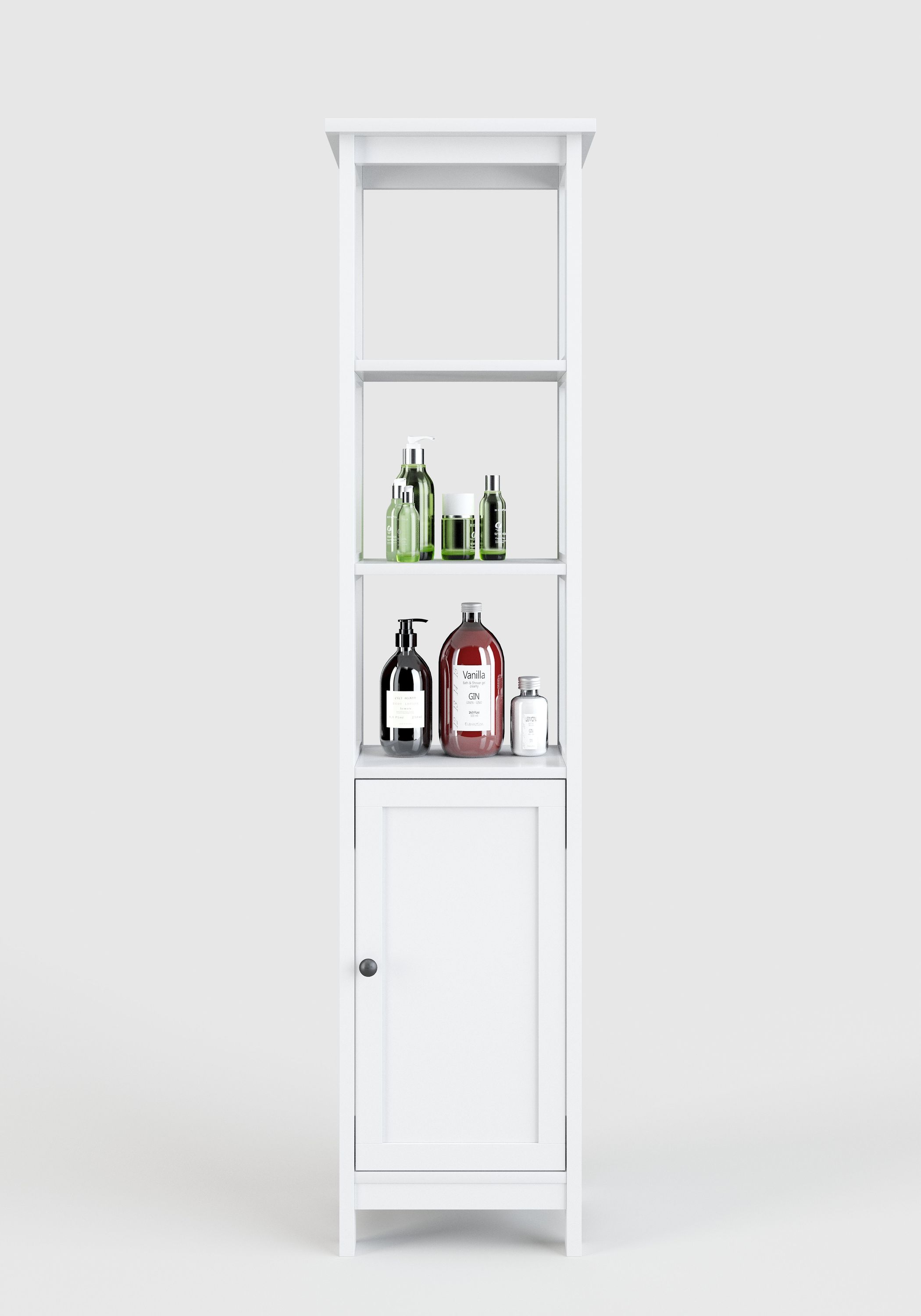 Country - Badregal, Hochregal mit 3 offenen Fächern und 1 Tür, weiss lackiert, moderner Landhausstil