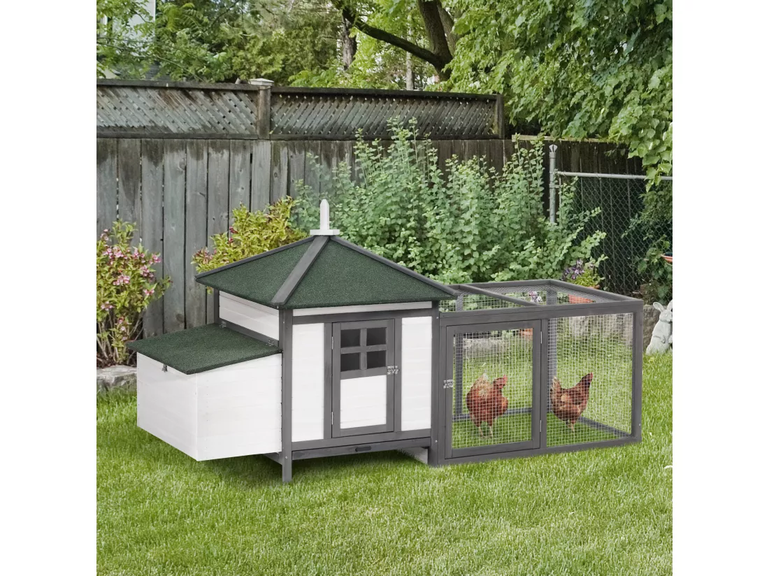 Poulailler cottage multi-équipement perchoir rampe pondoir enclos tiroir à déjection 196L x 76l x 97H cm bois massif pin gris blanc