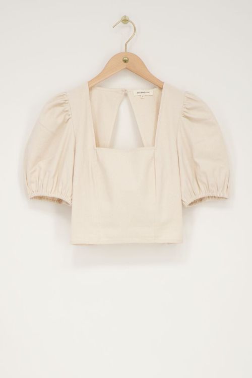 Beige linnen look top met pofmouwen