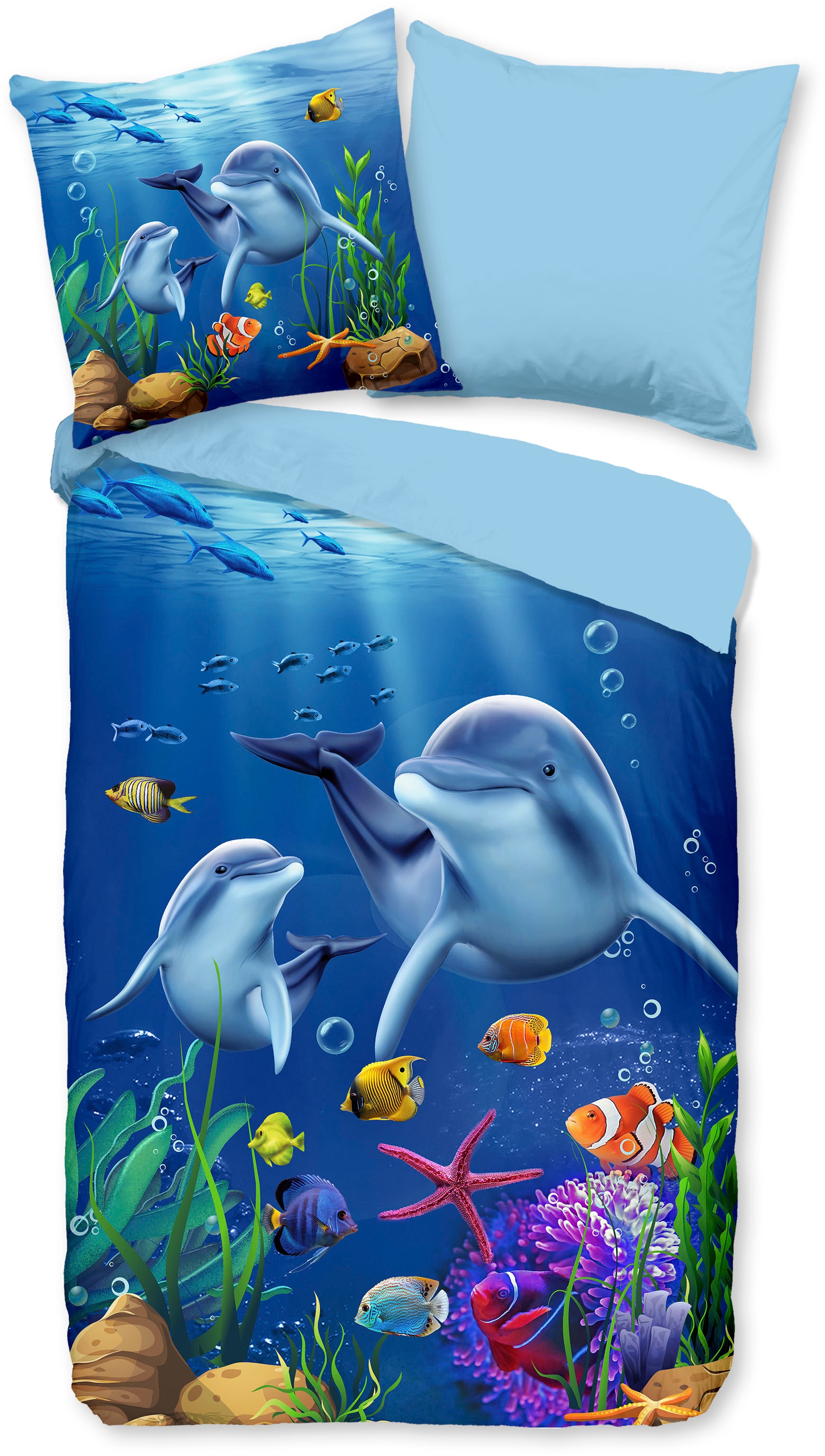 PURE luxury collection Kinderbettwäsche »Mare« 2 Stk. tlg. Mikrofaser, 135x200, Pflegeleicht, Wendeoptik, Kind, Delfin Meer, Blau