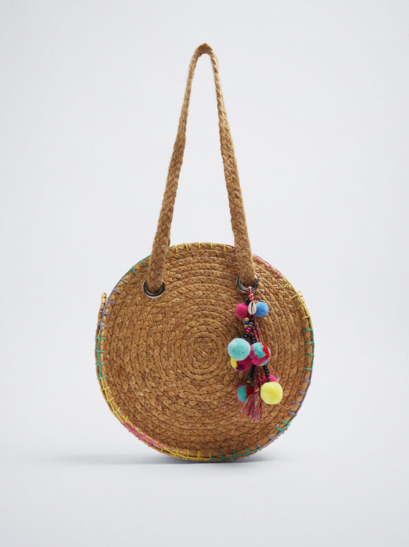 Bolsa de palha estilo shopper com pingente - Bege