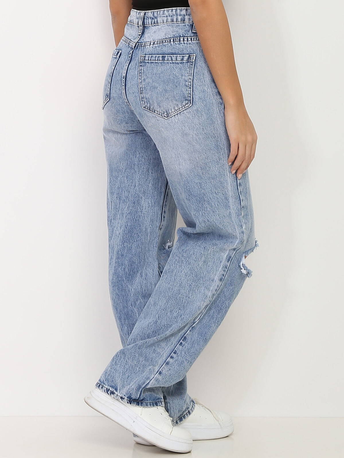 Jeans baggy déchiré aux genoux- Bleu