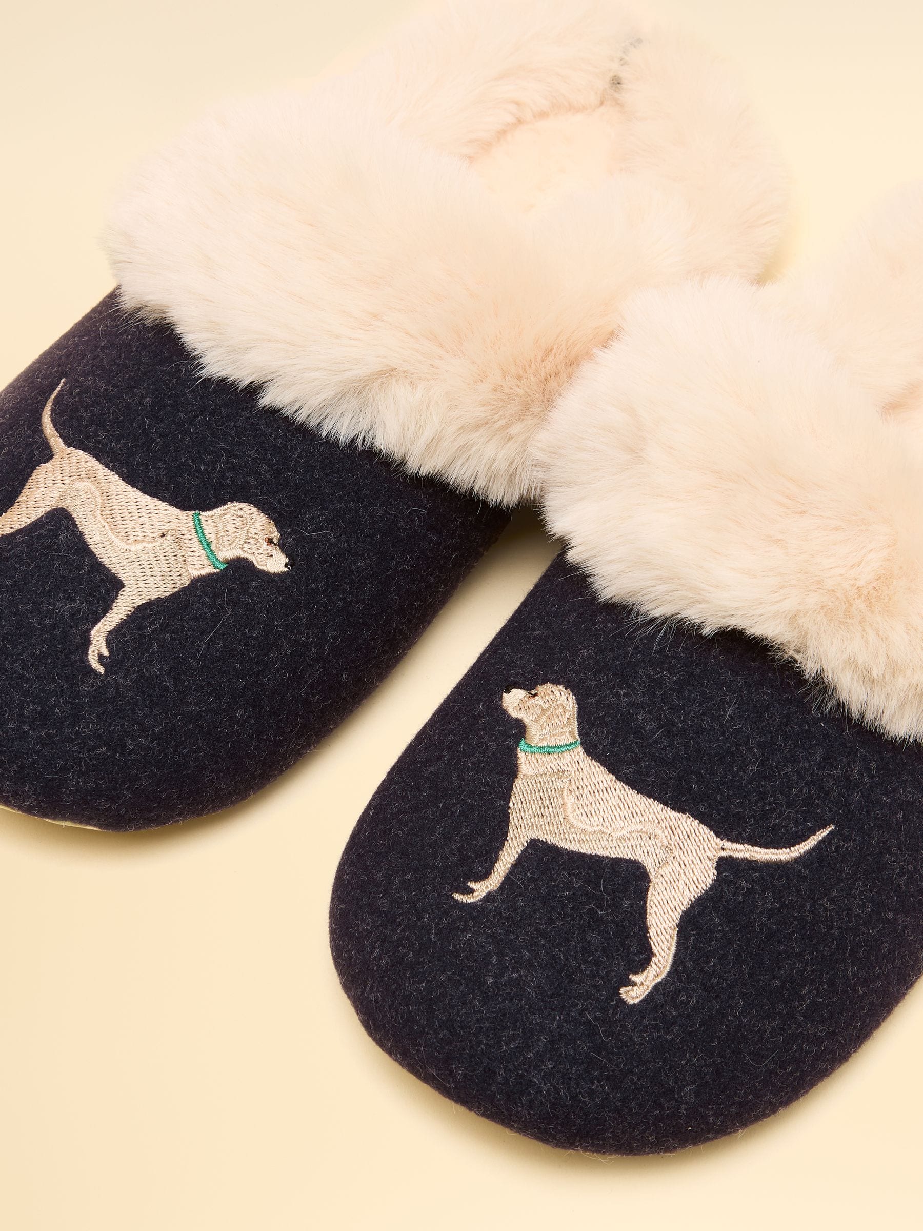 Marineblauw met hondenprint - Joules slippet luxe pantoffels