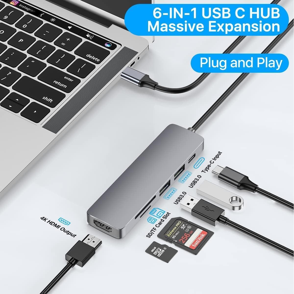 NÖRDIC 1 til 6 USB C dokkingstasjon i aluminium 1xHDMI 4K 30Hz 2xUSB-A 3.1 5Gbps 1x USB C PD87W 1xSD/TF-kortleser